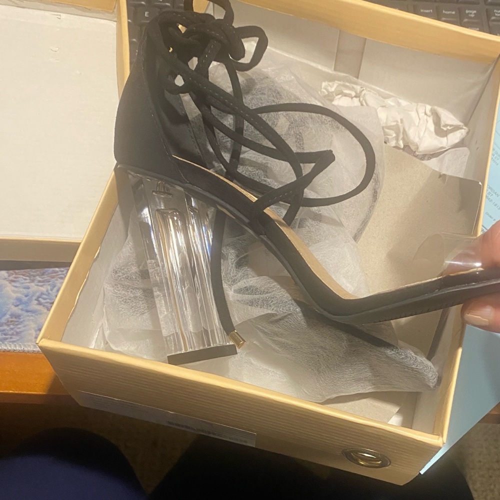 Billini Black Strappy Heels with Clear Block Heel Miami Beach NYC travel